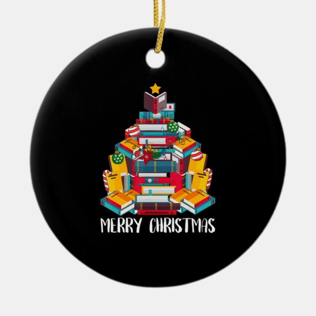 book christmas tree librarian gift reading ceramic ornament (Front)