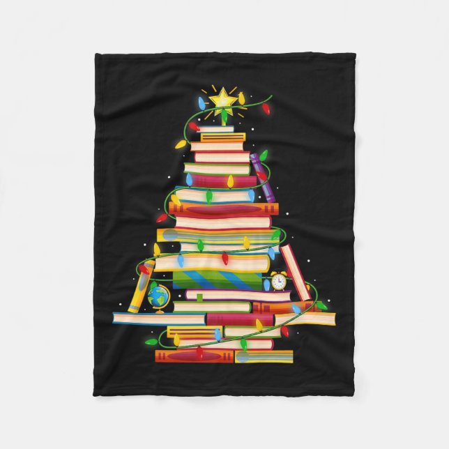 Book Christmas Tree Lights Book Lover Librarian Te Fleece Blanket (Front)