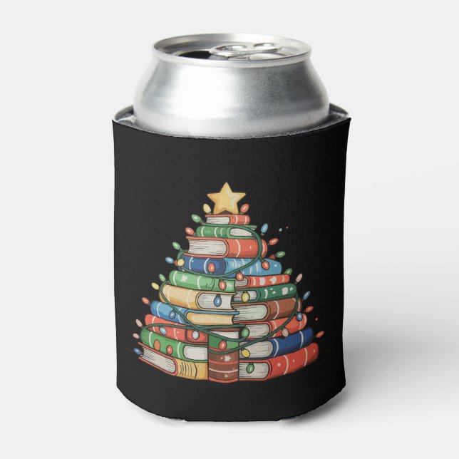 Book Christmas Tree Lights Teacher Librarian Read Can Cooler (Can Front)