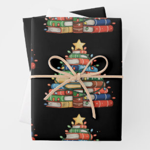 Book Christmas Tree Lights Teacher Librarian Read Wrapping Paper Sheets