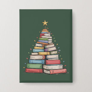 Book Christmas Tree Retro Bookworm Library Button