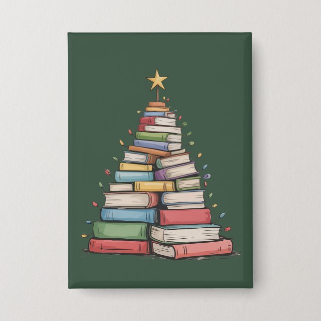 Book Christmas Tree Retro Bookworm Library  Button (Front)
