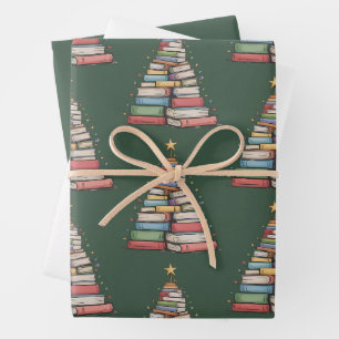 Book Christmas Tree Retro Bookworm Library Wrapping Paper Sheets