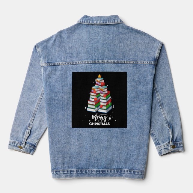 Book Christmas Tree Xmas Gift For Books Lovers Lib Denim Jacket (Back)