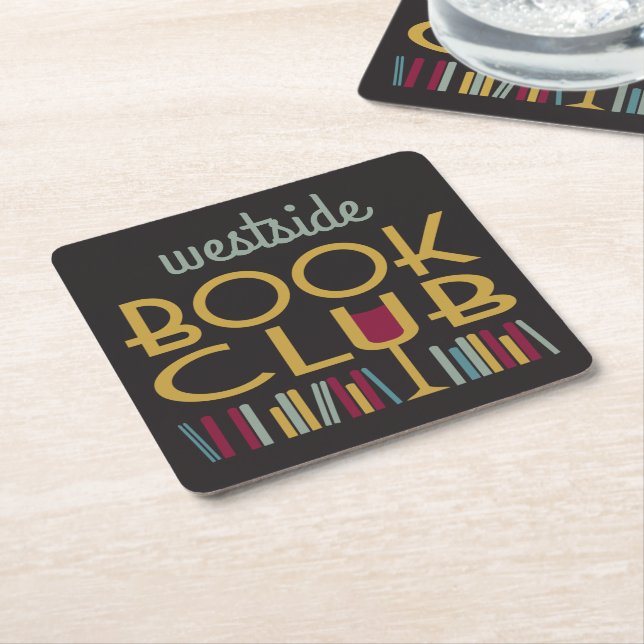Book Club Art Deco Books and Wine Square Paper Coaster (Angled)