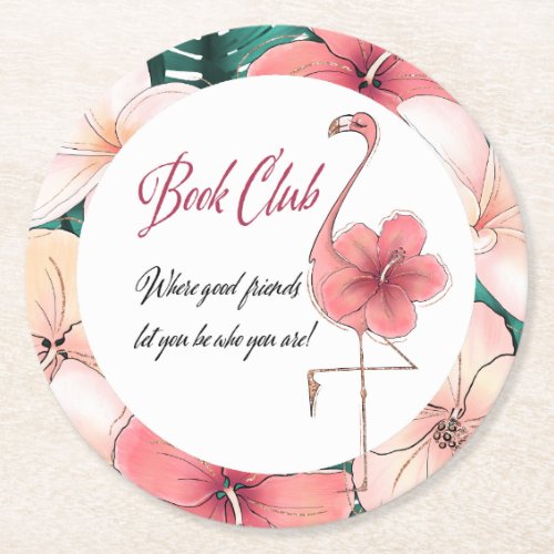 Book Club Bibliophile Book Worm Chic Flamingo Round Paper Coaster