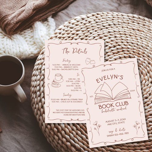 Book Club Bookish Hand Drawn Bachelorette Weekend Invitation