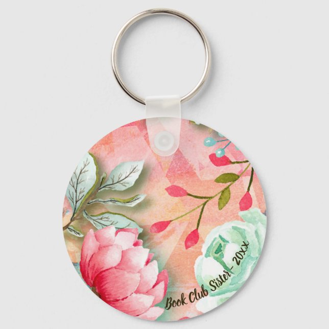 Book Club Monogram Garden Flower Watercolor Keychain (Front)