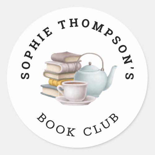 Book Club Name Tea Pot Cup Books Illustration Classic Round Sticker