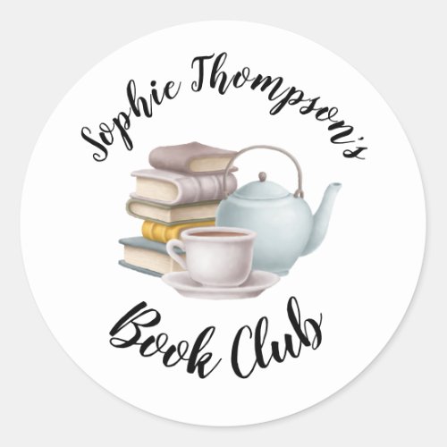 Book Club Name Tea Pot Cup Books Script Classic Round Sticker