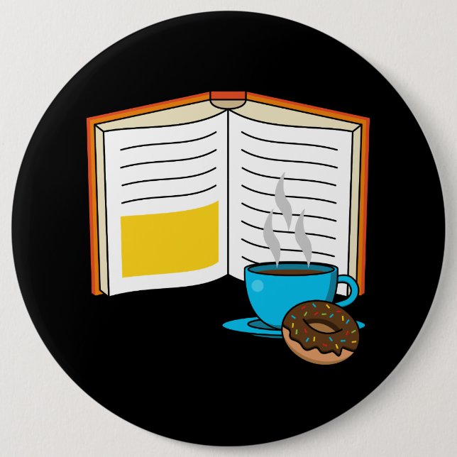 Book Coffee and Donut Cartoon Button (Front)