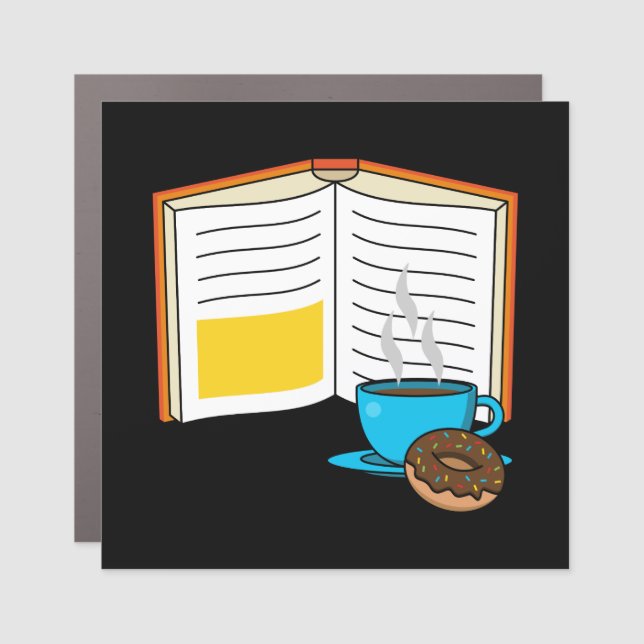 Book Coffee and Donut Cartoon Car Magnet (Front)