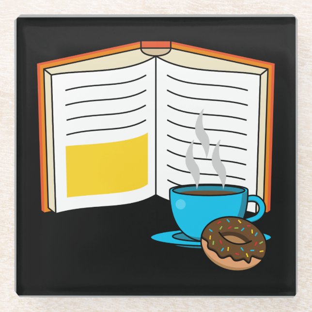 Book Coffee and Donut Cartoon Glass Coaster (Front)