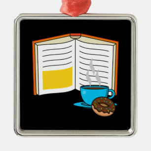 Book Coffee and Donut Cartoon Metal Ornament