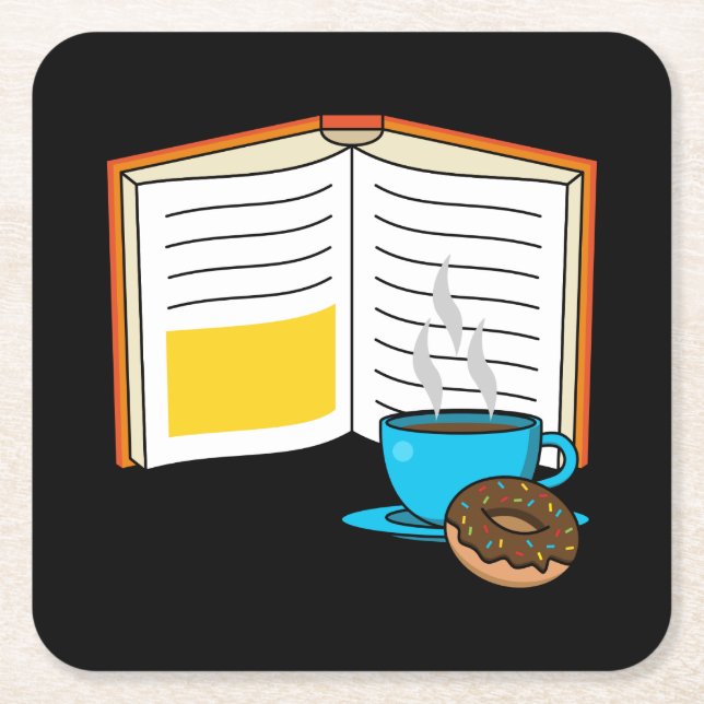 Book Coffee and Donut Cartoon Square Paper Coaster (Front)