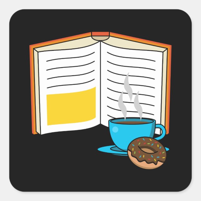 Book Coffee and Donut Cartoon Square Sticker (Front)