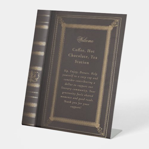 book cover library coffee station pedestal sign