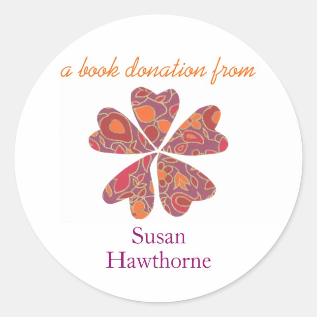 Book donation sticker - blooming hearts, purple (Front)