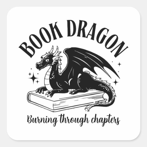 Book Dragon Fantasy Reader Black and White Square Sticker