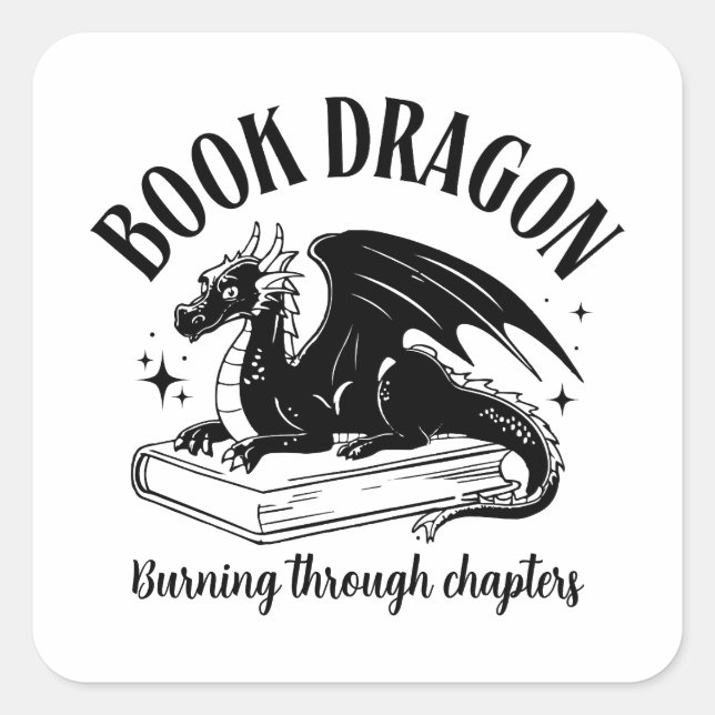 Book Dragon Fantasy Reader Black and White Square Sticker (Front)