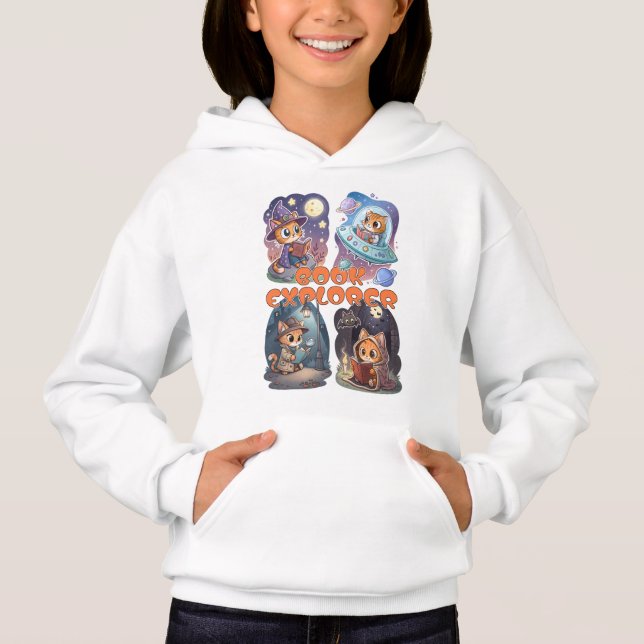 Book Explorer – Cute Cat Reading Adventure Hoodie (Front)