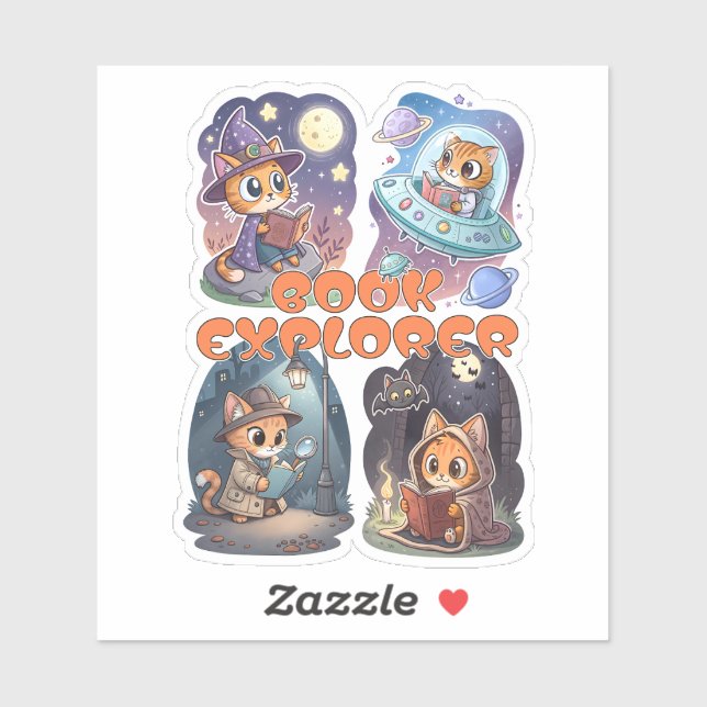 Book Explorer – Cute Cat Reading Adventure Sticker (Sheet)