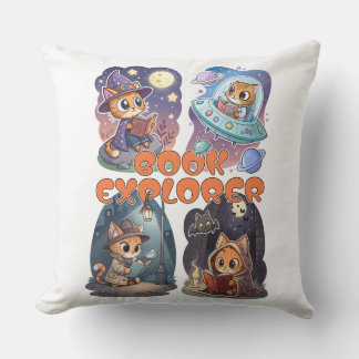 Book Explorer – Cute Cat Reading Adventure Throw Pillow