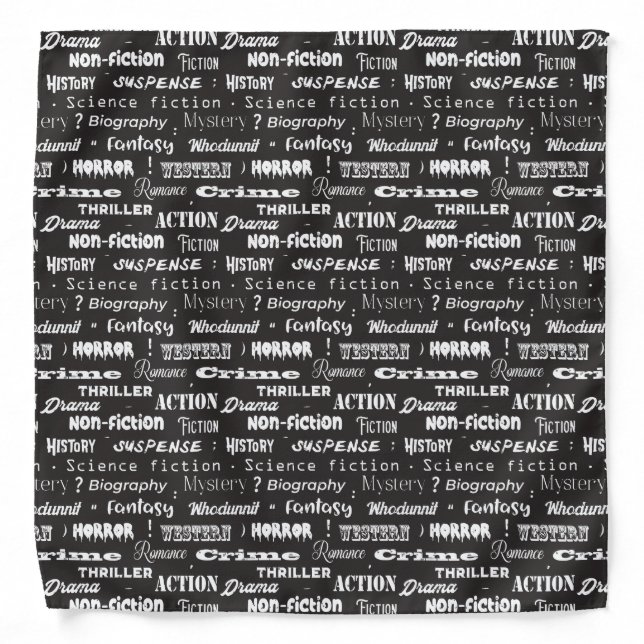Book Genres Charcoal Grey and White Bandana (Front)