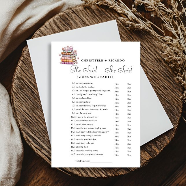 Book   He said she said Bridal shower game card (Creator Uploaded)
