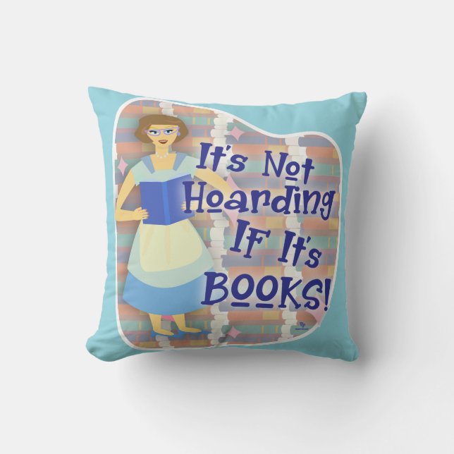  Book Hoarding Gal Retro Kitschy Cartoon Fun Throw Pillow (Front)