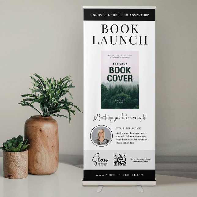 Book Launch Marketing Book Cover Author Photo Retractable Banner (Minimalist book launch event promotional pull up banner with custom book cover and author photo)