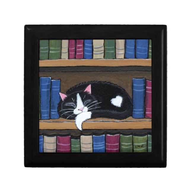 Book Love | Tuxedo Cat Sleeping on Bookcase Jewelry Box (Front)