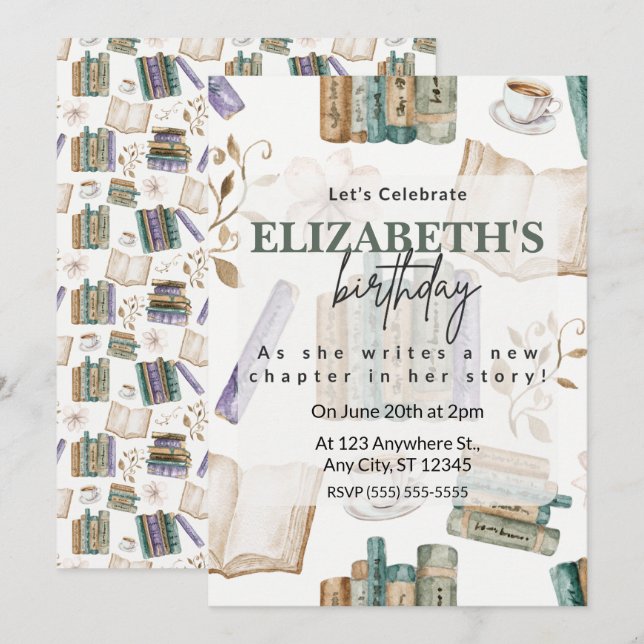 Book Lover Birthday Party Invitation in White (Front/Back)