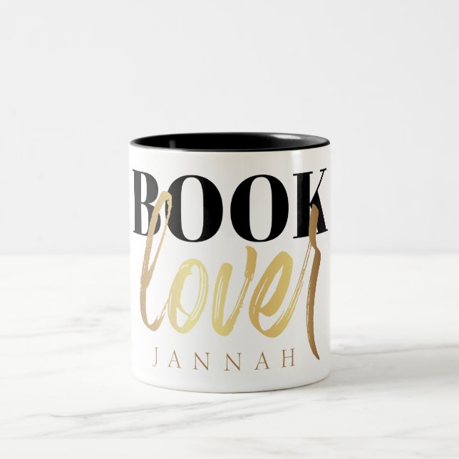 Book Lover Black Gold Script Book Nerd Name Two-Tone Coffee Mug (Center)