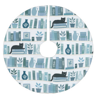 Book lover blue Bookshelf & Cat Brushed Polyester Tree Skirt