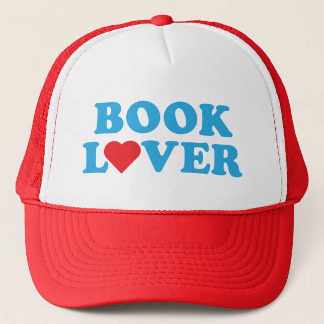 Book Lover Blue Text with Red Heart Icon Trucker Hat (Front)