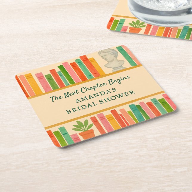 Book Lover Bridal Shower | Chic Fun "New Chapter"  Square Paper Coaster (Angled)