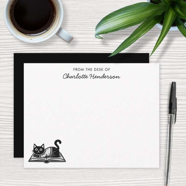 Book Lover Cat Black and White Custom Note Card (Creator Uploaded)