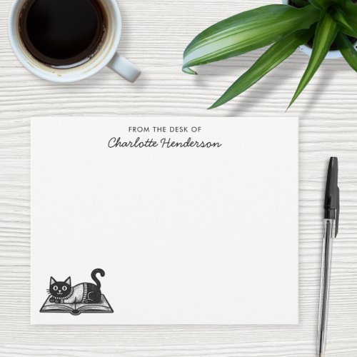 Book Lover Cat Black and White Custom Note Card