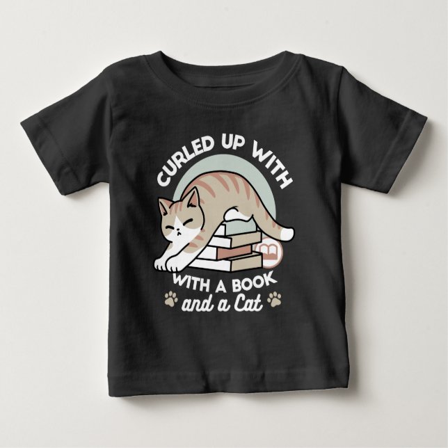 Book Lover Cat Illustration - Curled Up & Cozy Baby T-Shirt (Front)