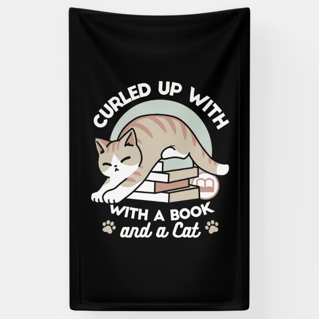 Book Lover Cat Illustration - Curled Up & Cozy Banner (Vertical)