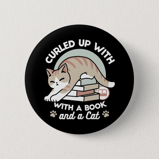 Book Lover Cat Illustration - Curled Up & Cozy Button (Front)