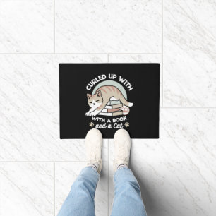 Book Lover Cat Illustration - Curled Up & Cozy Doormat