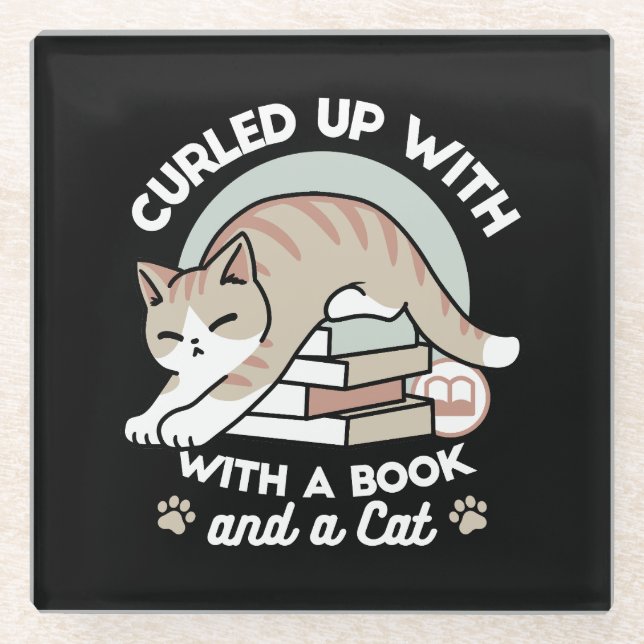 Book Lover Cat Illustration - Curled Up & Cozy Glass Coaster (Front)