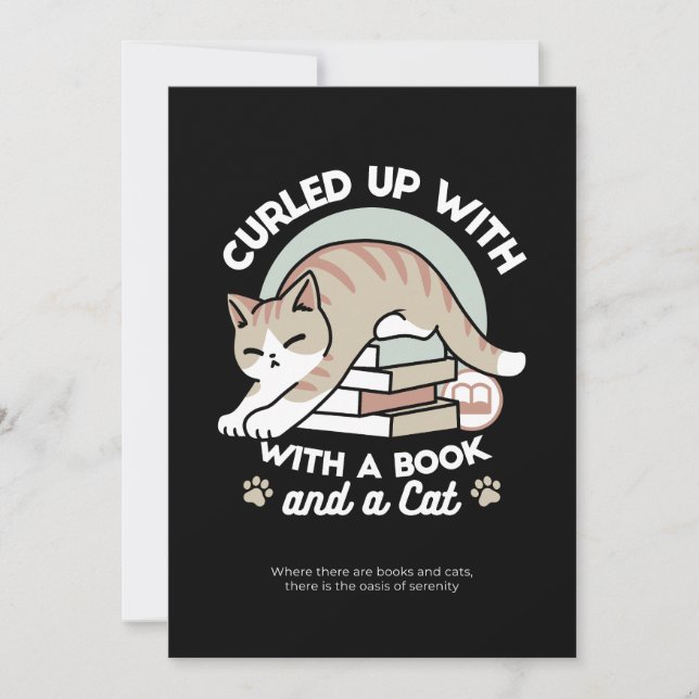 Book Lover Cat Illustration - Curled Up & Cozy Holiday Card (Front)