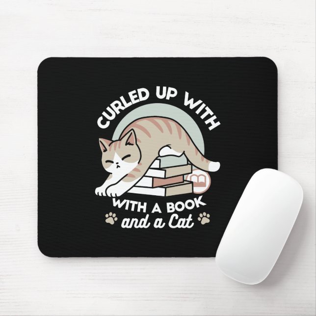 Book Lover Cat Illustration - Curled Up & Cozy Mouse Pad (With Mouse)