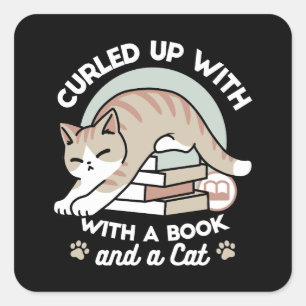 Book Lover Cat Illustration - Curled Up & Cozy Square Sticker