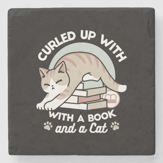 Book Lover Cat Illustration - Curled Up & Cozy Stone Coaster (Front)