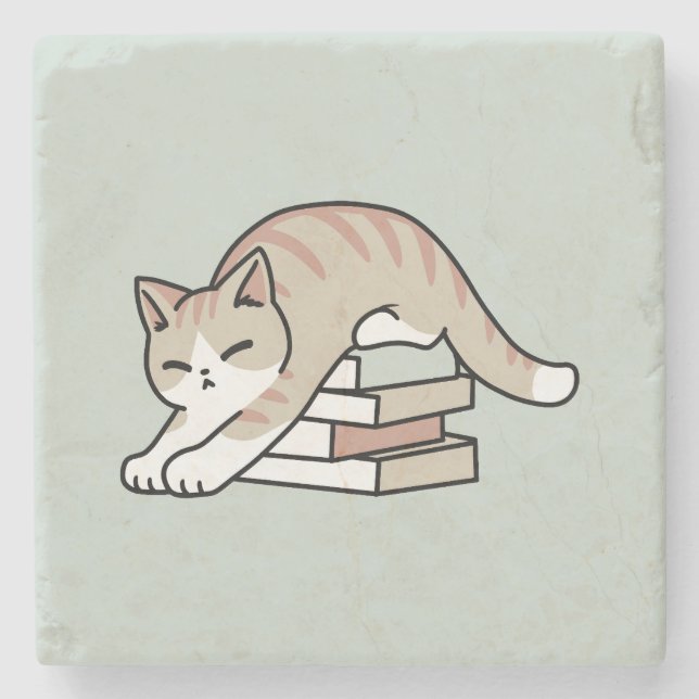 Book Lover Cat Illustration - Curled Up & Cozy Stone Coaster (Front)