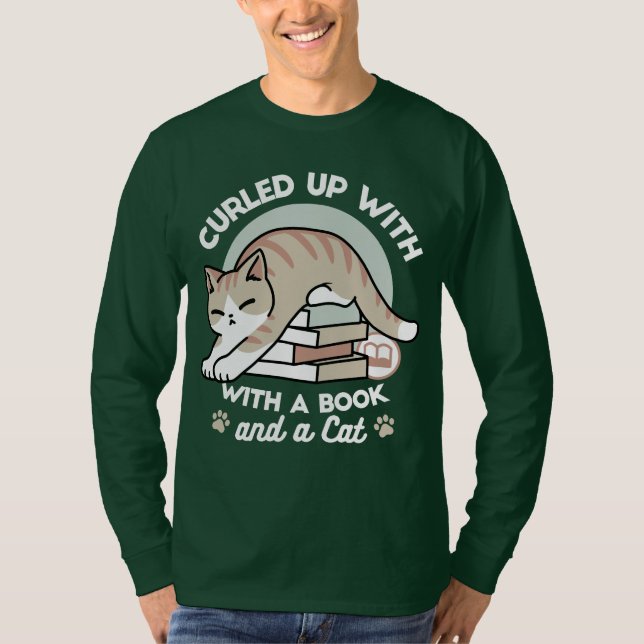 Book Lover Cat Illustration - Curled Up & Cozy T-Shirt (Front)